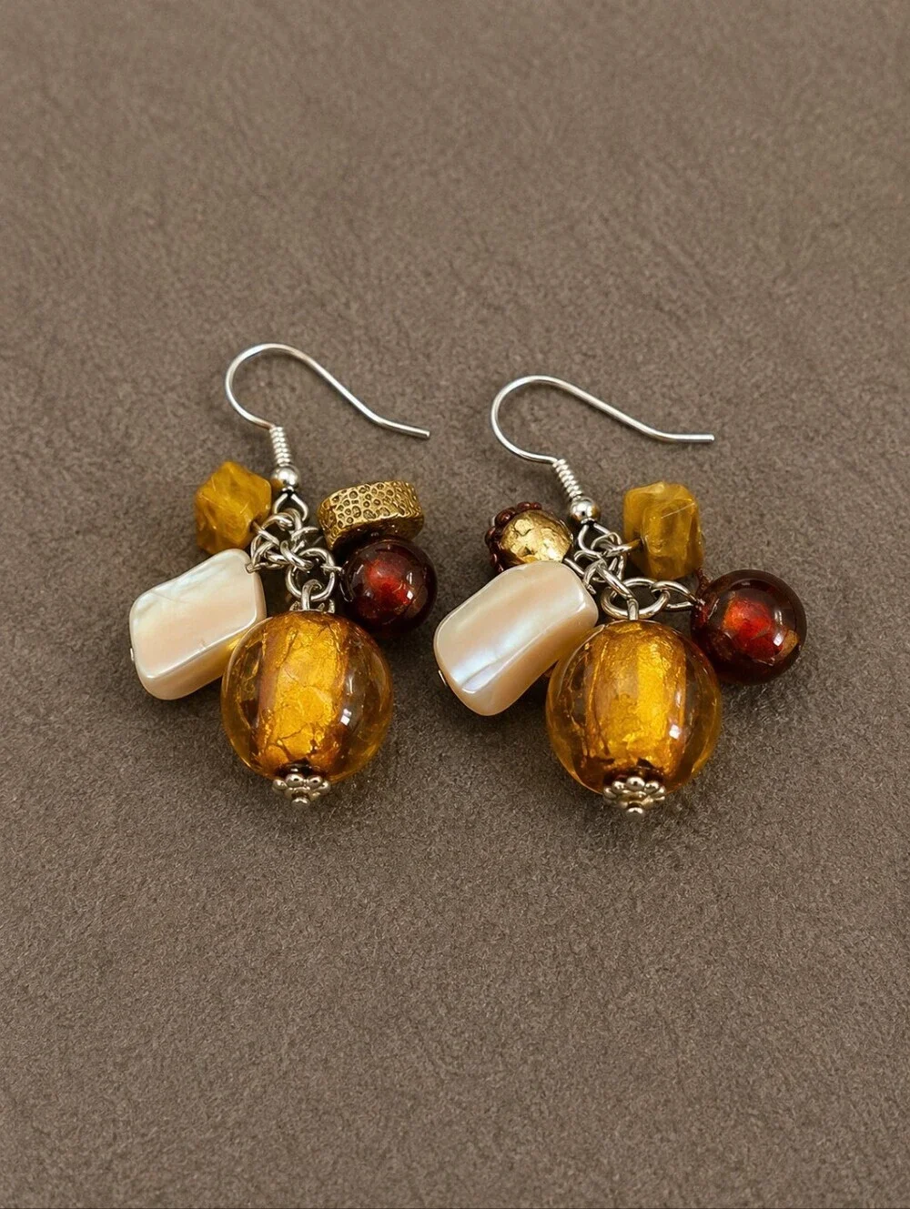 VTG Glass Shell Bead Cluster Festival Dangle Hook Earrings